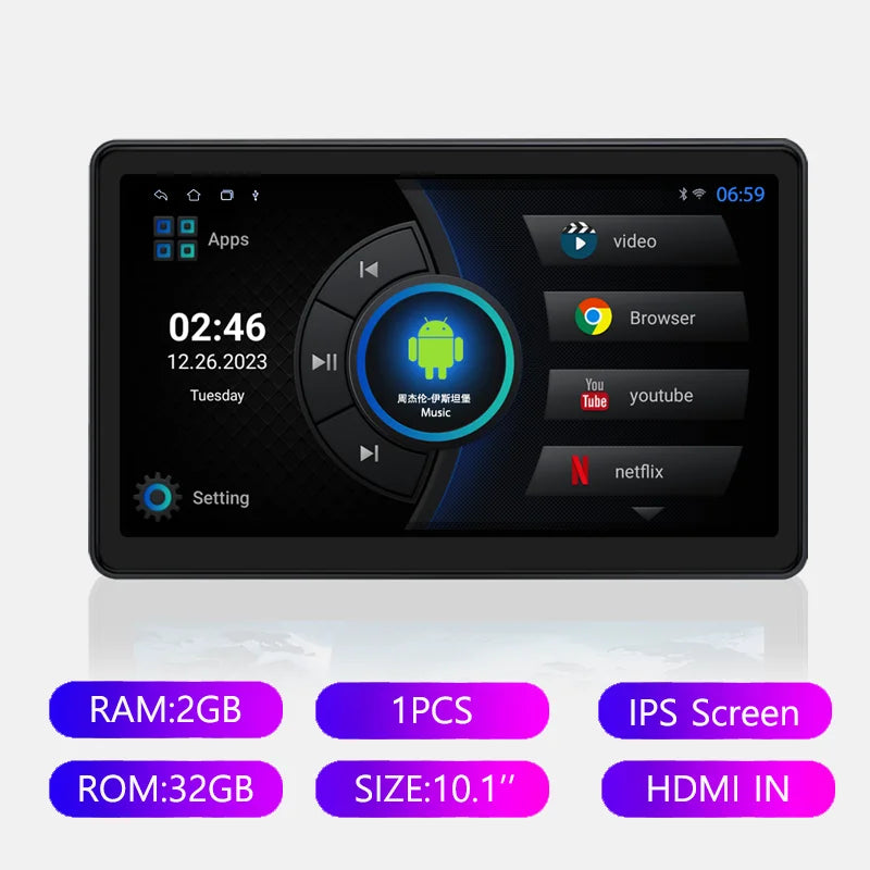 Icreative Incell 10.1" Android 13 Car Headrest Monitor — Wireless CarPlay & Android Auto, Ambient Lights