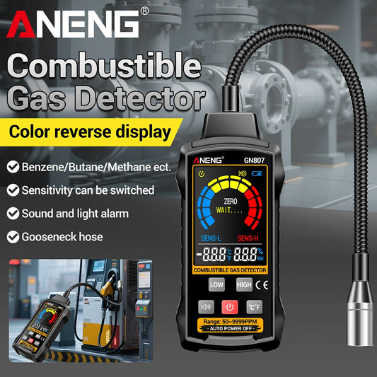 كاشف تسرب الغازات القابلة للاحتراق ANENG GN807 - من 50 إلى 10000 جزء في المليون، شاشة LCD