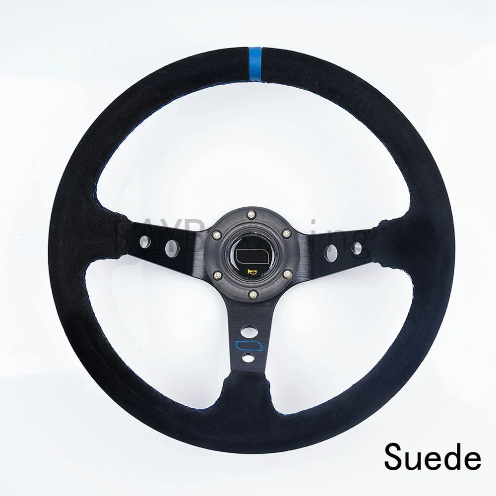 OMP 14" 350mm Racing Steering Wheel — Suede/PVC Deep Dish, JDM Sport Style, Universal Fit