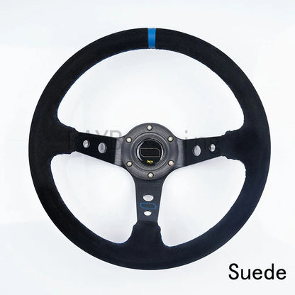 OMP 14" 350mm Racing Steering Wheel — Suede/PVC Deep Dish, JDM Sport Style, Universal Fit