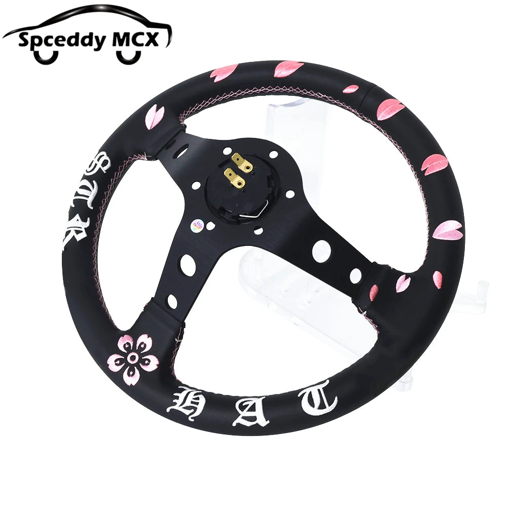 Spceddy 13" 320mm JDM Real Leather Racing Steering Wheel — Deep Dish, Cherry Blossom Embroidery