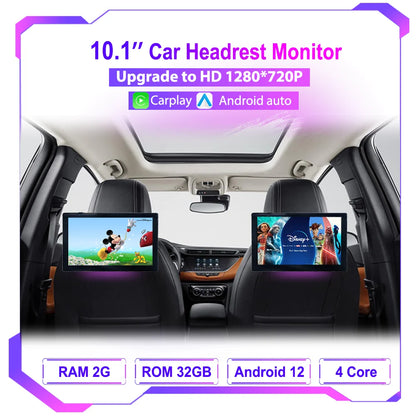 Icreative 10.1" HD Android Car Headrest Monitor — Wireless CarPlay & Android Auto, Ambient Lights, BT