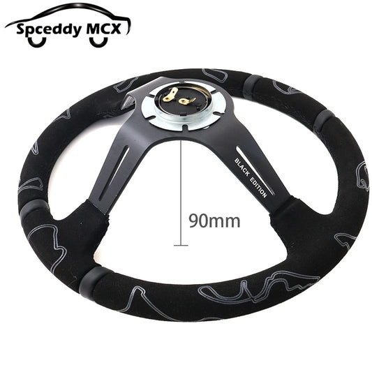 Spceddy 13.5" 335mm Deep Dish JDM Racing Steering Wheel — Black Suede, Black Edition
