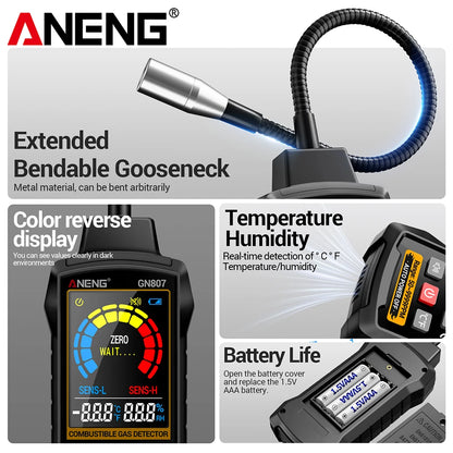 كاشف تسرب الغازات القابلة للاحتراق ANENG GN807 - من 50 إلى 10000 جزء في المليون، شاشة LCD