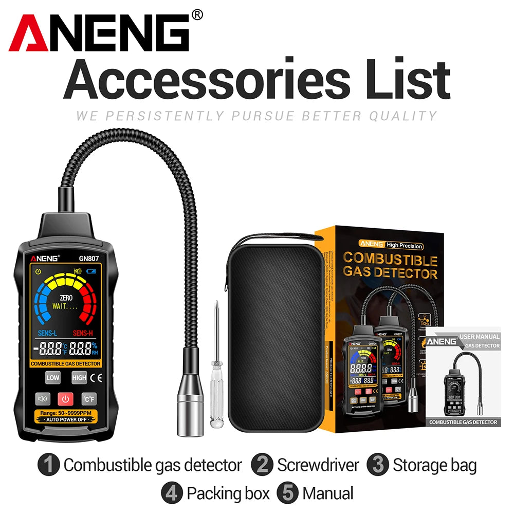 كاشف تسرب الغازات القابلة للاحتراق ANENG GN807 - من 50 إلى 10000 جزء في المليون، شاشة LCD