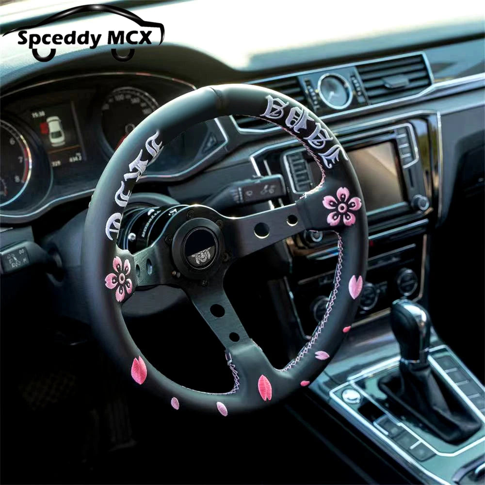 Spceddy 13" 320mm JDM Real Leather Racing Steering Wheel — Deep Dish, Cherry Blossom Embroidery