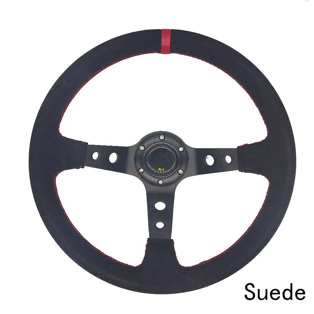 OMP 14" 350mm Racing Steering Wheel — Suede/PVC Deep Dish, JDM Sport Style, Universal Fit