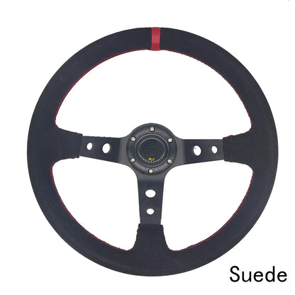 OMP 14" 350mm Racing Steering Wheel — Suede/PVC Deep Dish, JDM Sport Style, Universal Fit
