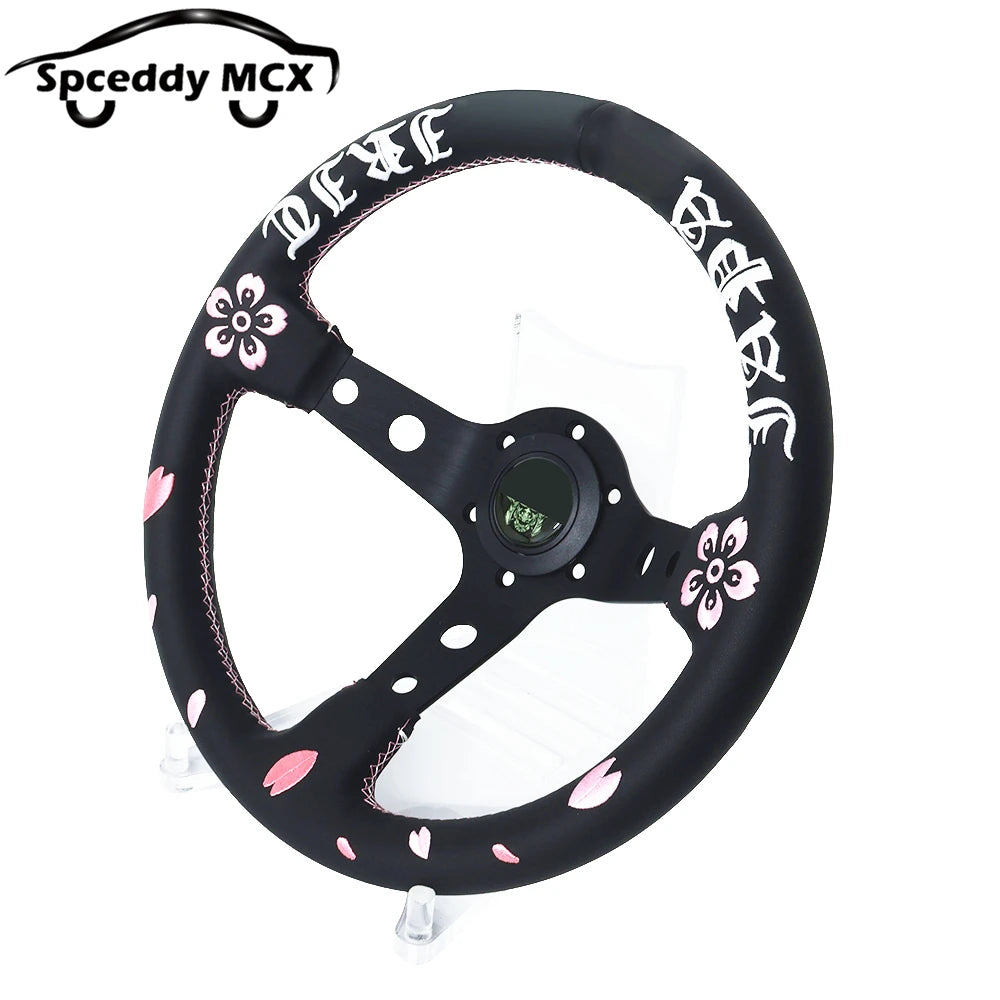 Spceddy 13" 320mm JDM Real Leather Racing Steering Wheel — Deep Dish, Cherry Blossom Embroidery