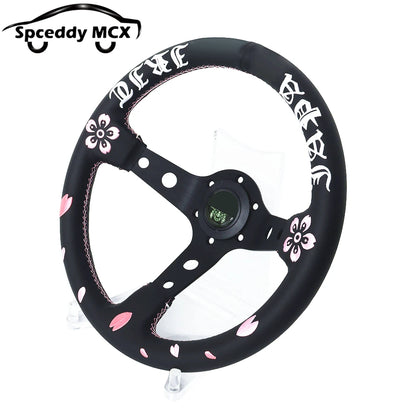 Spceddy 13" 320mm JDM Real Leather Racing Steering Wheel — Deep Dish, Cherry Blossom Embroidery