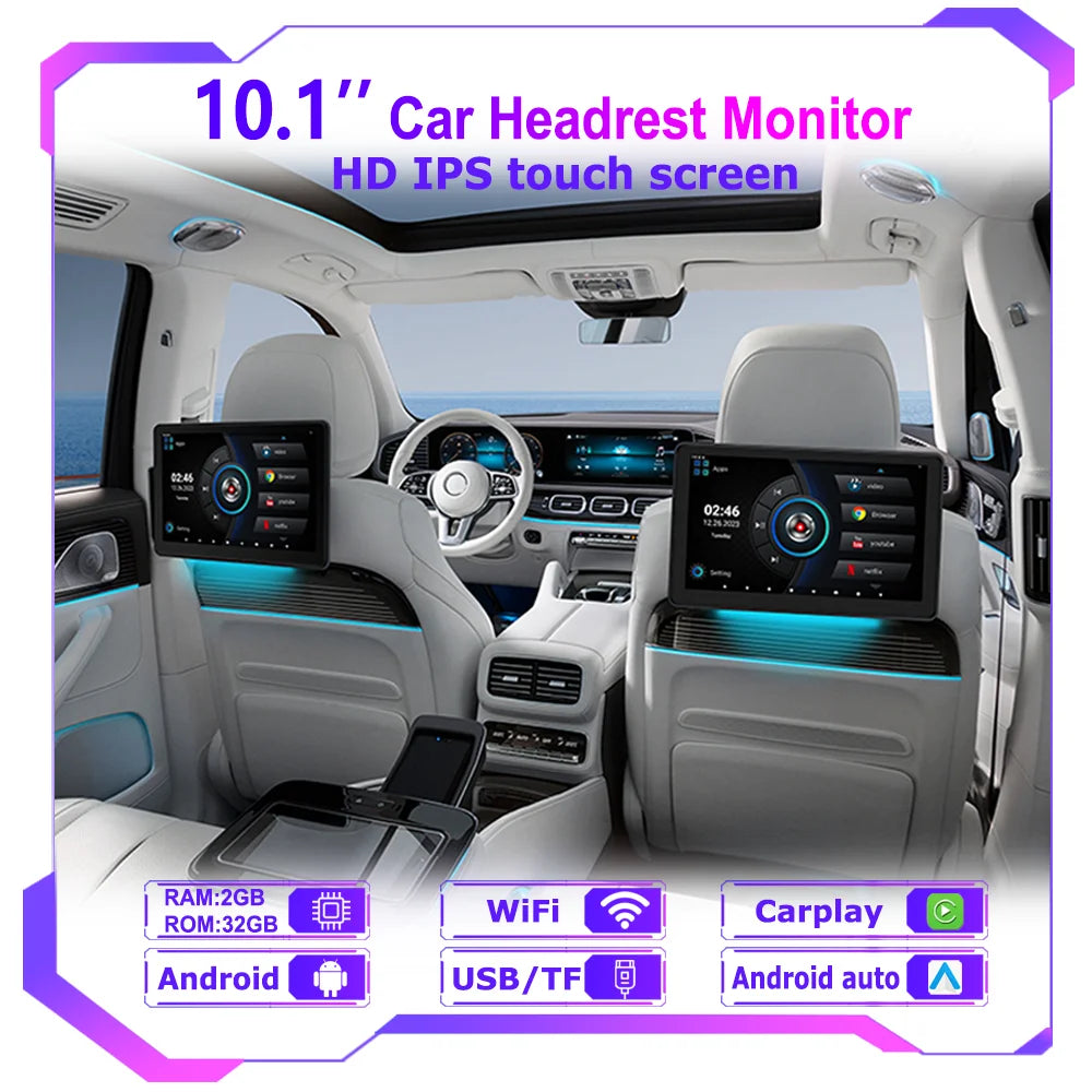 Icreative Incell 10.1" Android 13 Car Headrest Monitor — Wireless CarPlay & Android Auto, Ambient Lights