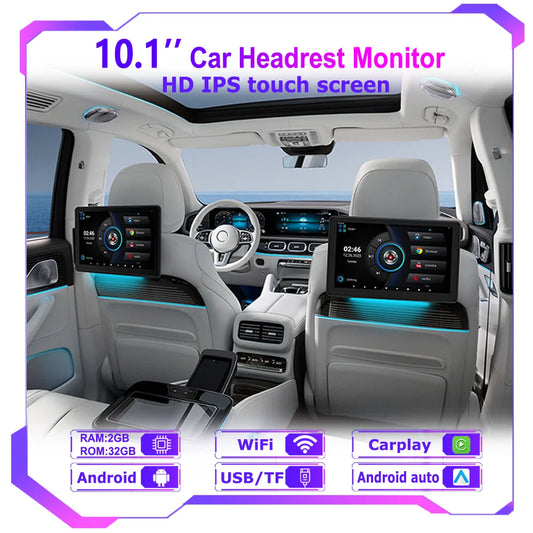 Icreative Incell 10.1" Android 13 Car Headrest Monitor — Wireless CarPlay & Android Auto, Ambient Lights
