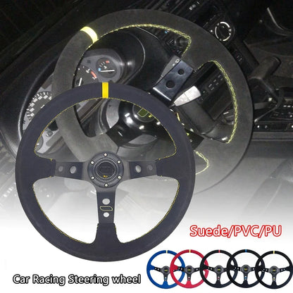 OMP 14" 350mm Racing Steering Wheel — Suede/PVC Deep Dish, JDM Sport Style, Universal Fit