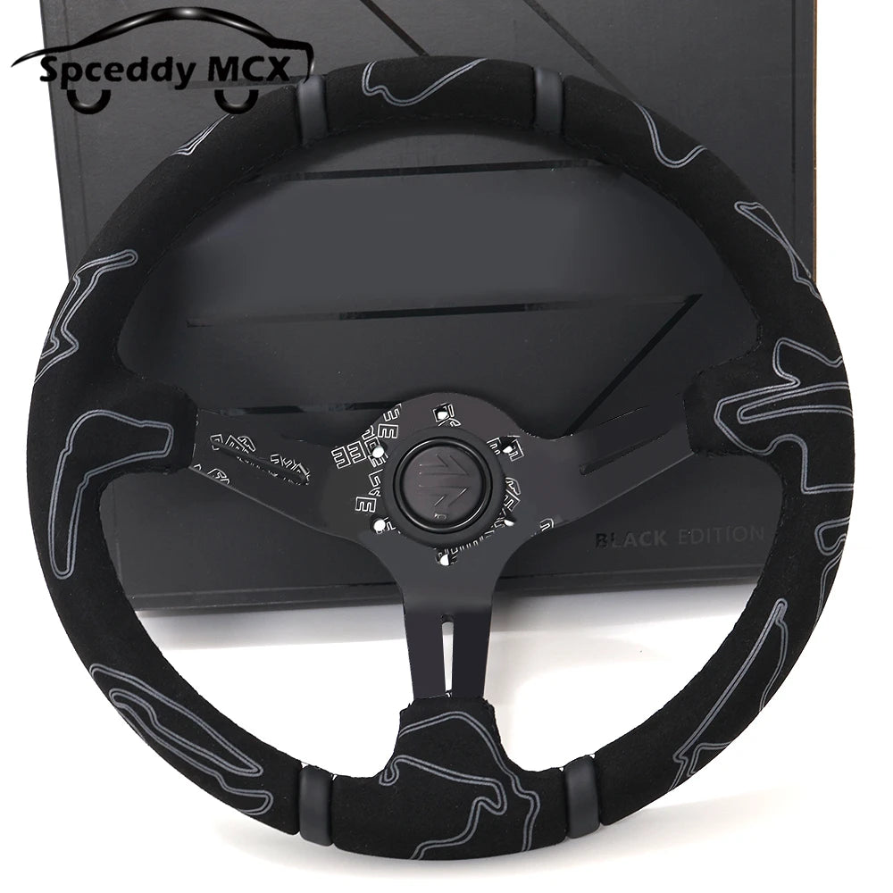Spceddy 13.5" 335mm Deep Dish JDM Racing Steering Wheel — Black Suede, Black Edition