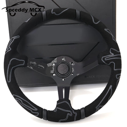 Spceddy 13.5" 335mm Deep Dish JDM Racing Steering Wheel — Black Suede, Black Edition