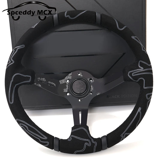 Spceddy 13.5" 335mm Deep Dish JDM Racing Steering Wheel — Black Suede, Black Edition