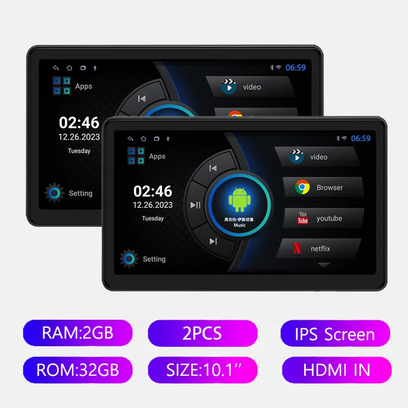 Icreative Incell 10.1" Android 13 Car Headrest Monitor — Wireless CarPlay & Android Auto, Ambient Lights