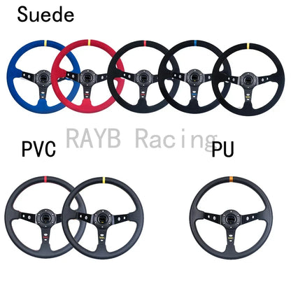 OMP 14" 350mm Racing Steering Wheel — Suede/PVC Deep Dish, JDM Sport Style, Universal Fit