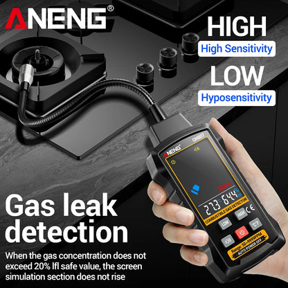 كاشف تسرب الغازات القابلة للاحتراق ANENG GN807 - من 50 إلى 10000 جزء في المليون، شاشة LCD
