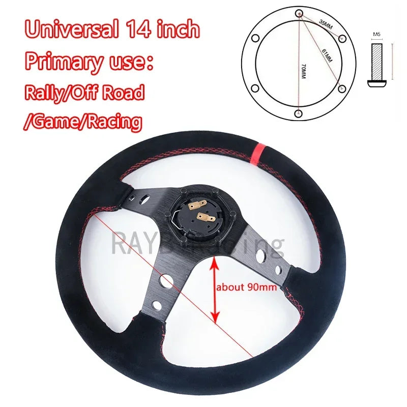 OMP 14" 350mm Racing Steering Wheel — Suede/PVC Deep Dish, JDM Sport Style, Universal Fit