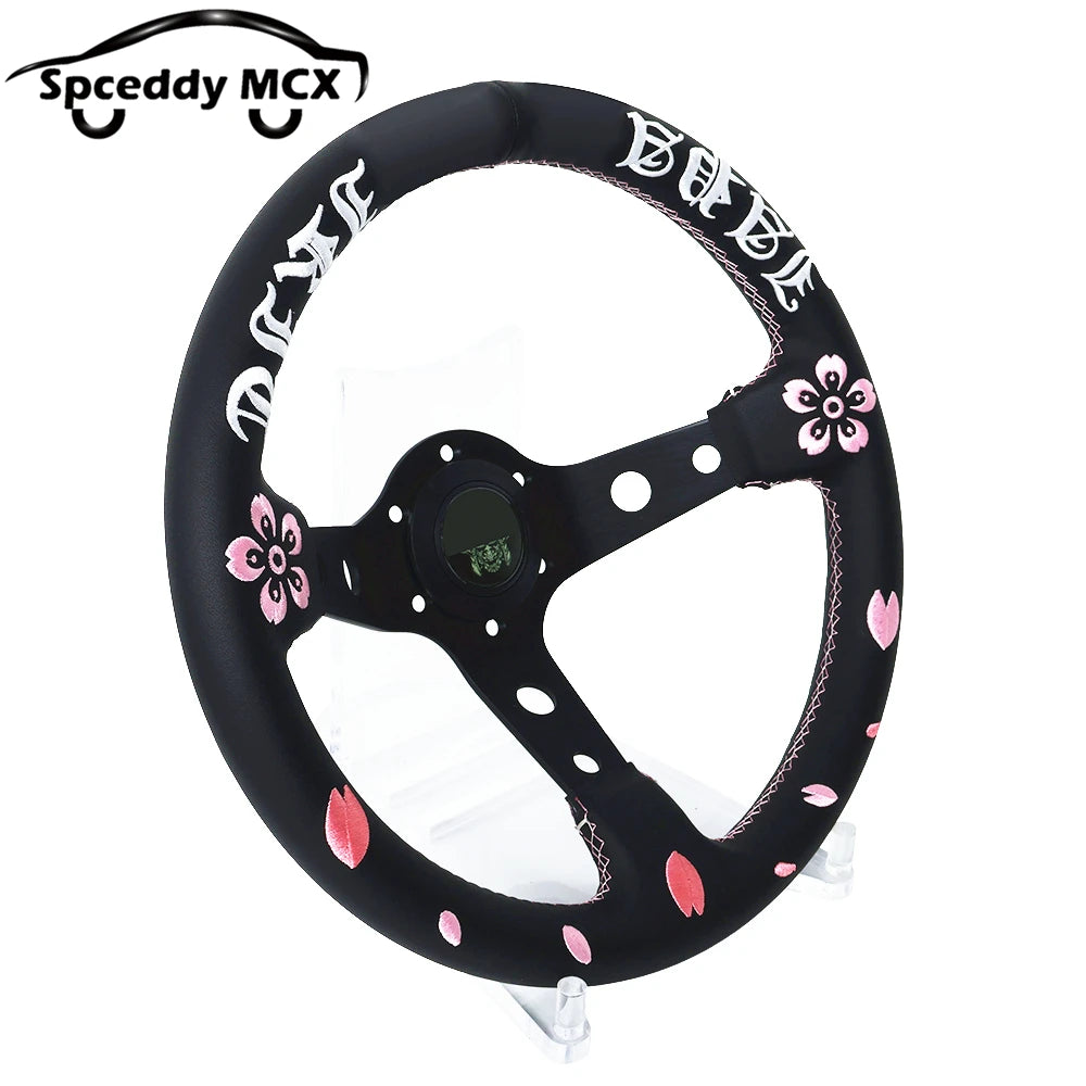Spceddy 13" 320mm JDM Real Leather Racing Steering Wheel — Deep Dish, Cherry Blossom Embroidery