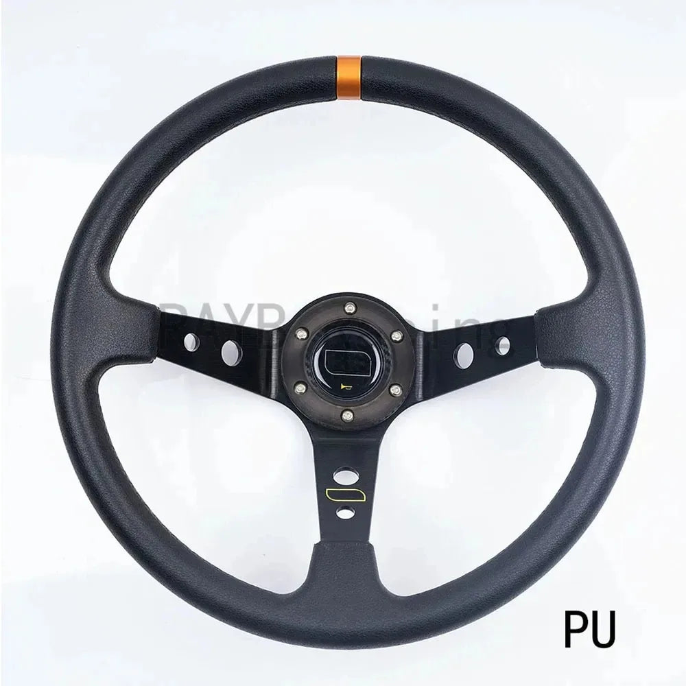 OMP 14" 350mm Racing Steering Wheel — Suede/PVC Deep Dish, JDM Sport Style, Universal Fit