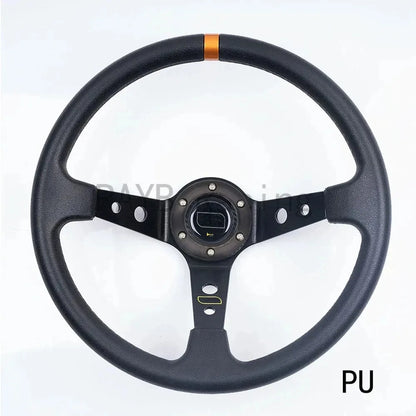 OMP 14" 350mm Racing Steering Wheel — Suede/PVC Deep Dish, JDM Sport Style, Universal Fit