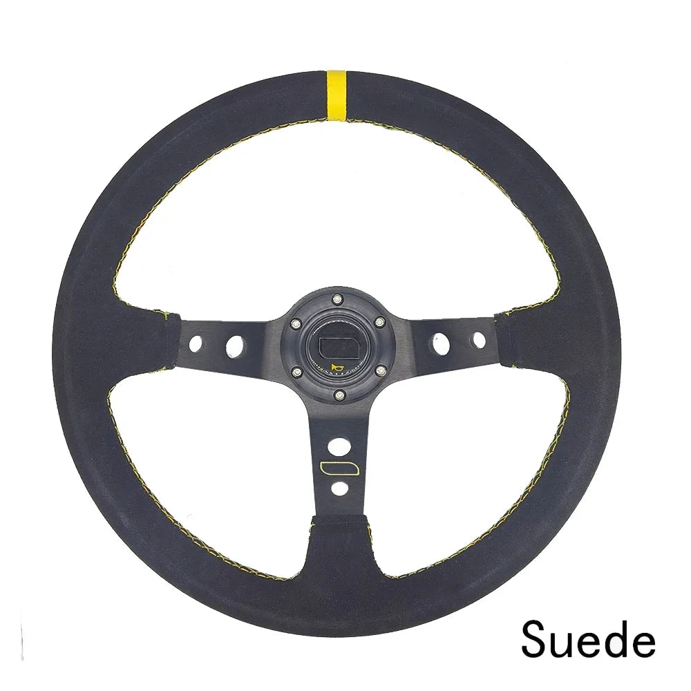 OMP 14" 350mm Racing Steering Wheel — Suede/PVC Deep Dish, JDM Sport Style, Universal Fit