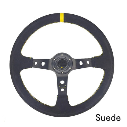 OMP 14" 350mm Racing Steering Wheel — Suede/PVC Deep Dish, JDM Sport Style, Universal Fit