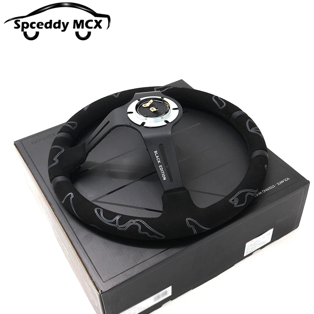 Spceddy 13.5" 335mm Deep Dish JDM Racing Steering Wheel — Black Suede, Black Edition