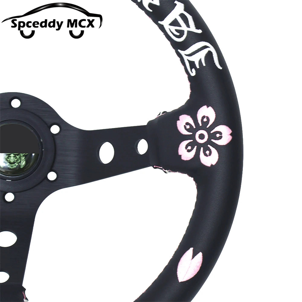 Spceddy 13" 320mm JDM Real Leather Racing Steering Wheel — Deep Dish, Cherry Blossom Embroidery