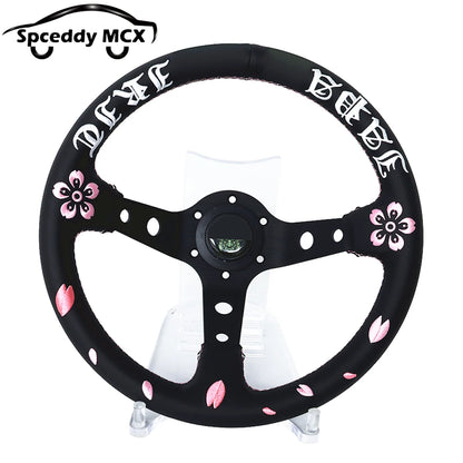 Spceddy 13" 320mm JDM Real Leather Racing Steering Wheel — Deep Dish, Cherry Blossom Embroidery