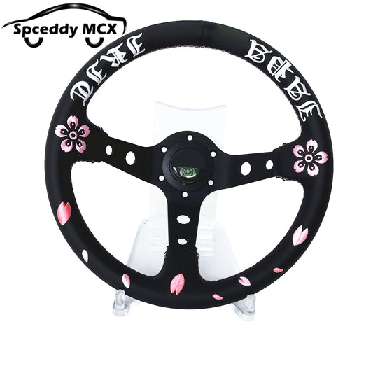 Spceddy 13" 320mm JDM Real Leather Racing Steering Wheel — Deep Dish, Cherry Blossom Embroidery