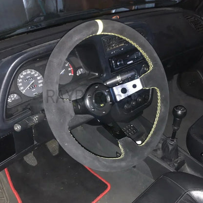 OMP 14" 350mm Racing Steering Wheel — Suede/PVC Deep Dish, JDM Sport Style, Universal Fit